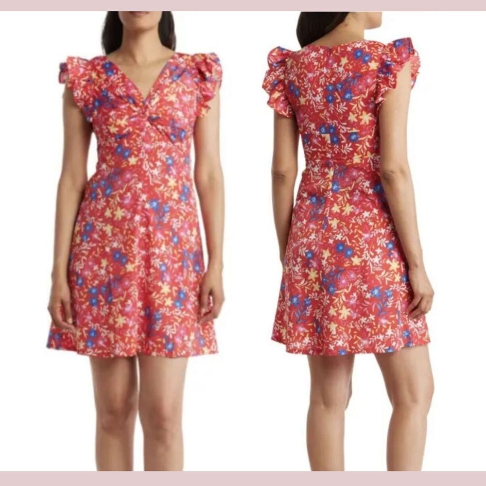 NEW Eliza‎ J [ 10 ] Floral Twist Flutter Sleeve Short Dress in Red